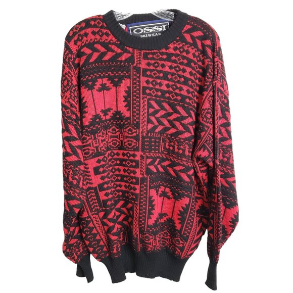 Ossi Skiwear Other - Ossi Skiwear Wool Blend Pull Over Sweater Red Black Knit Geometric Print Top LG